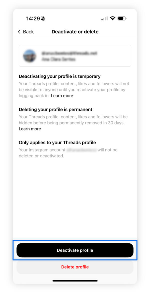 Screenshot of how to deactivate your Threads profile.