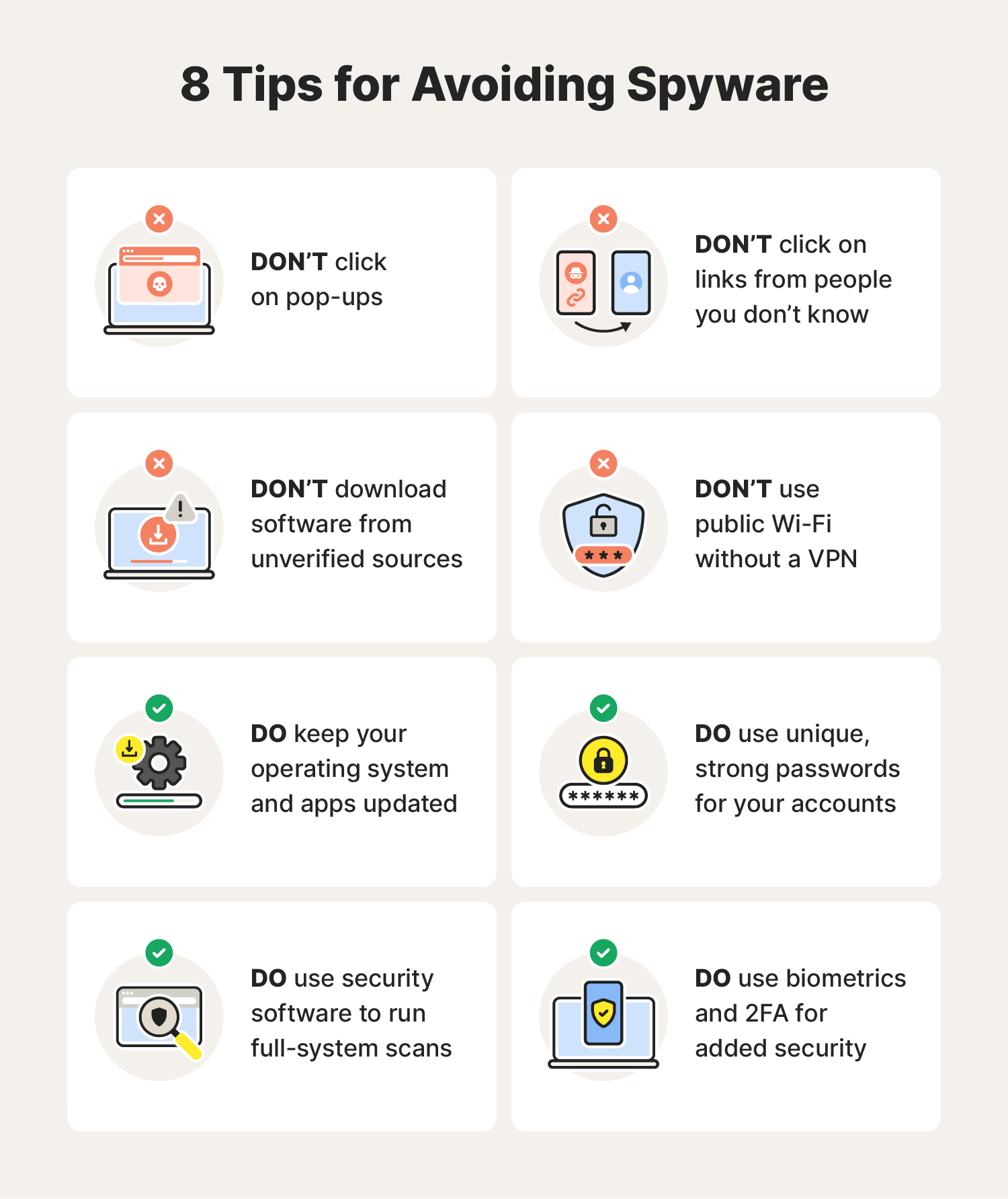 Illustrated chart with tips for avoiding spyware.