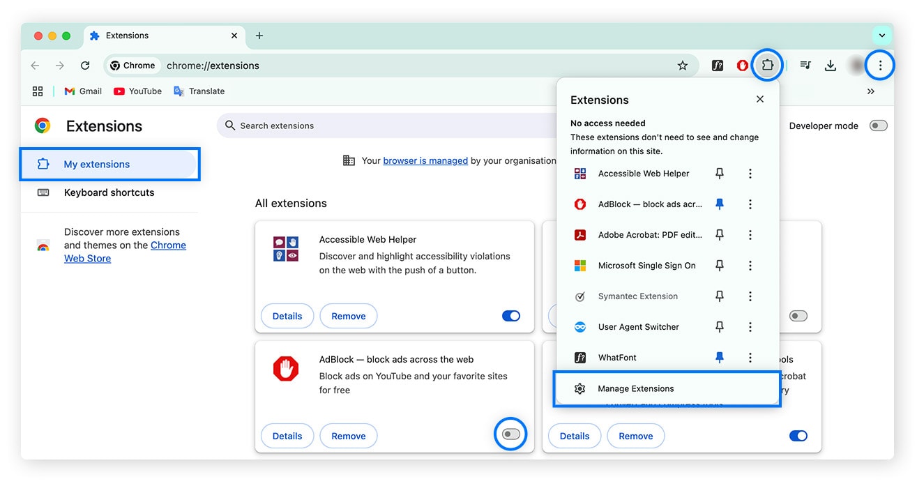 A screenshot showing how to disable ad-blocking extensions in Chrome