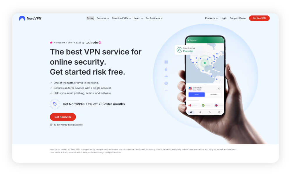 A screenshot of NordVPN’s home page.