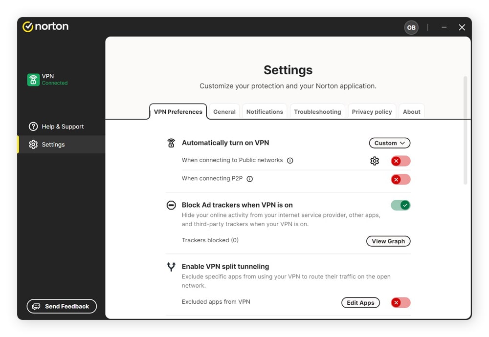 A screenshot of the Norton VPN Settings screen.