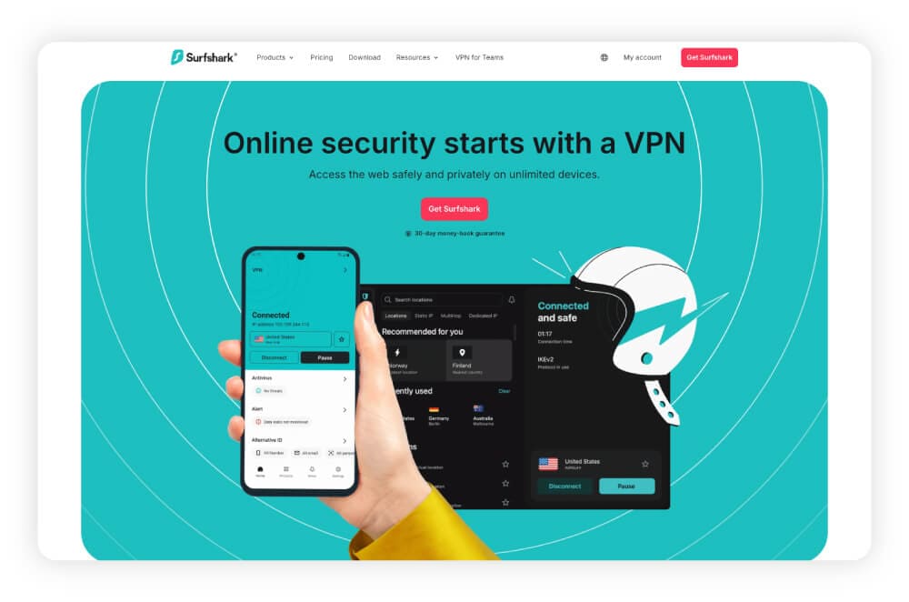 A screenshot of SurfShark’s home page.