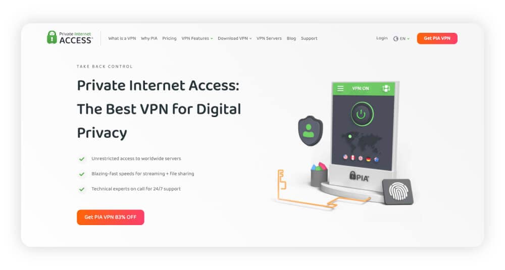A screenshot of Private Internet Access’s (PIA’s) home page.