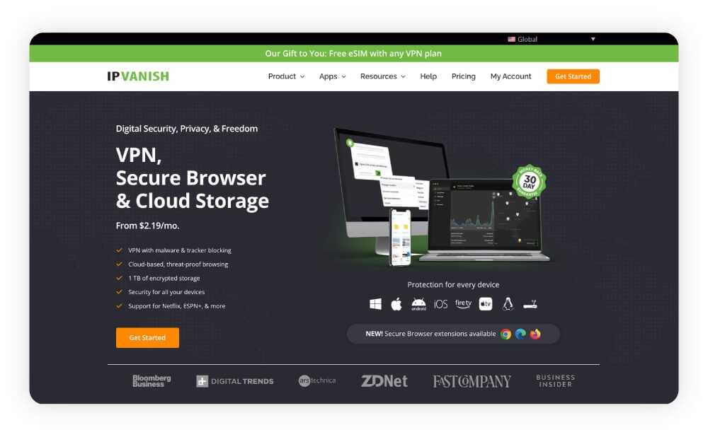 A screenshot of IPVanish’s home page.