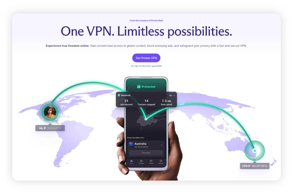 A screenshot of ProtonVPN’s home page.