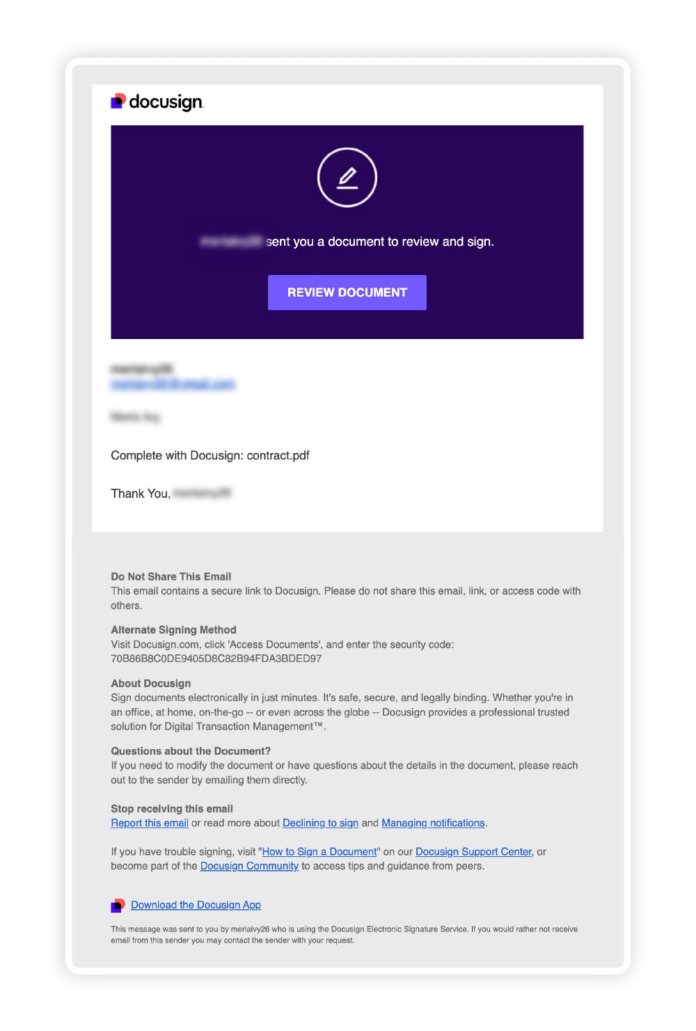 A screenshot of a legitimate signature request email from Docusign.