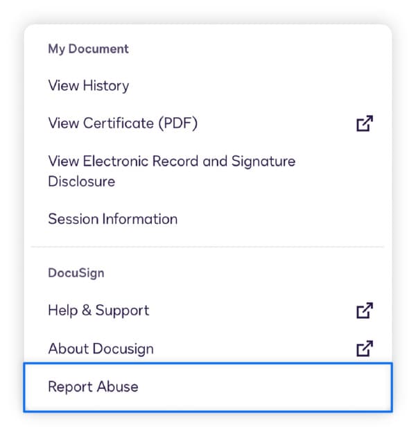 A screenshot showing how to report a potential scam through the Docusign platform.