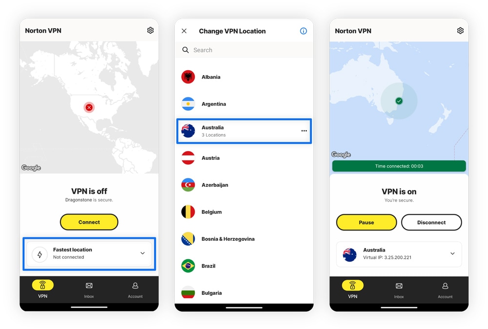 Screenshots showing how to change your IP address and location on Norton VPN.