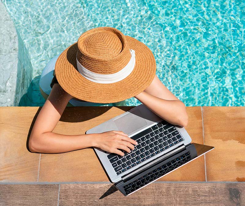 A person with a big hat in a pool representing how a VPN changes your IP server location.