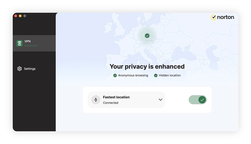 A screenshot of Norton VPN’s interface showing that the user is connected to a VPN server in Europe.