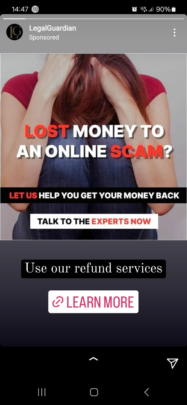 Malicious ads in Instagram promoting the scam to lure potential victims