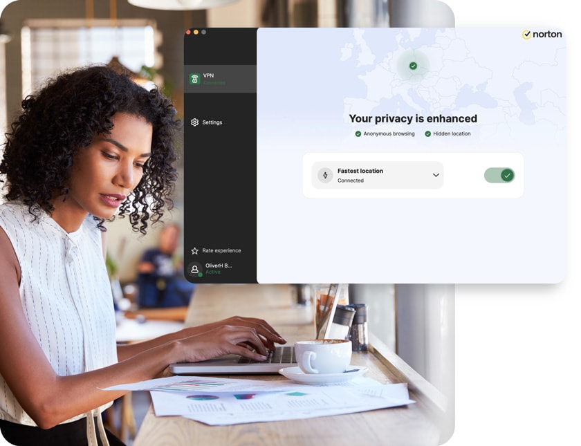 A woman uses Norton’s enhanced VPN to protect client data.