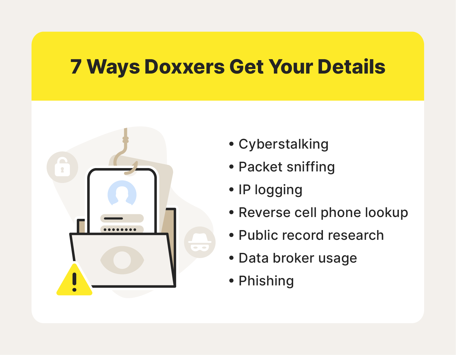 An image explaining that doxxers sometimes resort to tactics like cyberstalking, packet sniffing, IP logging, reverse cell phone lookup, public record searches, data broker usage, and phishing to learn private details about targets.