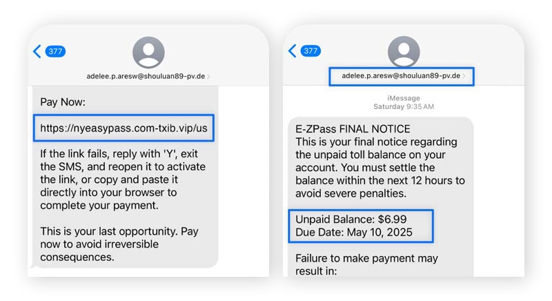 An E-ZPass toll text message with common signs of a scam.
