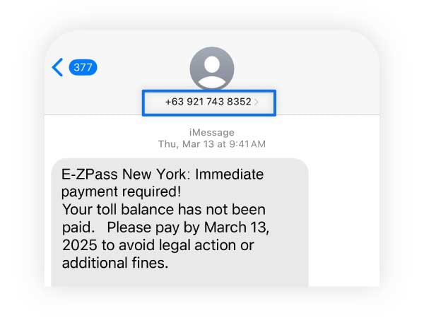 An E-ZPass text message scam sent from a number in the Philippines.
