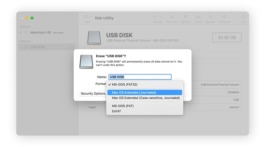 Formatting and encrypting a thumb drive on macOS.