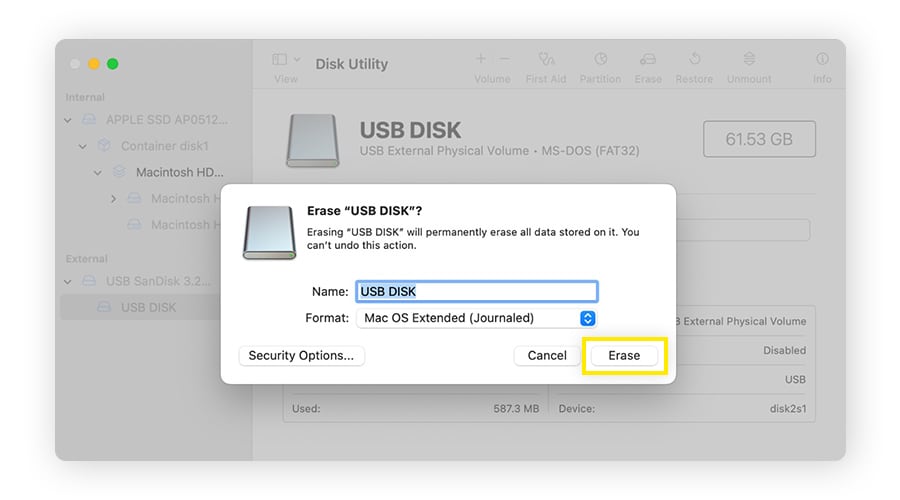 Encrypting a flash drive on macOS via Disk Utility.