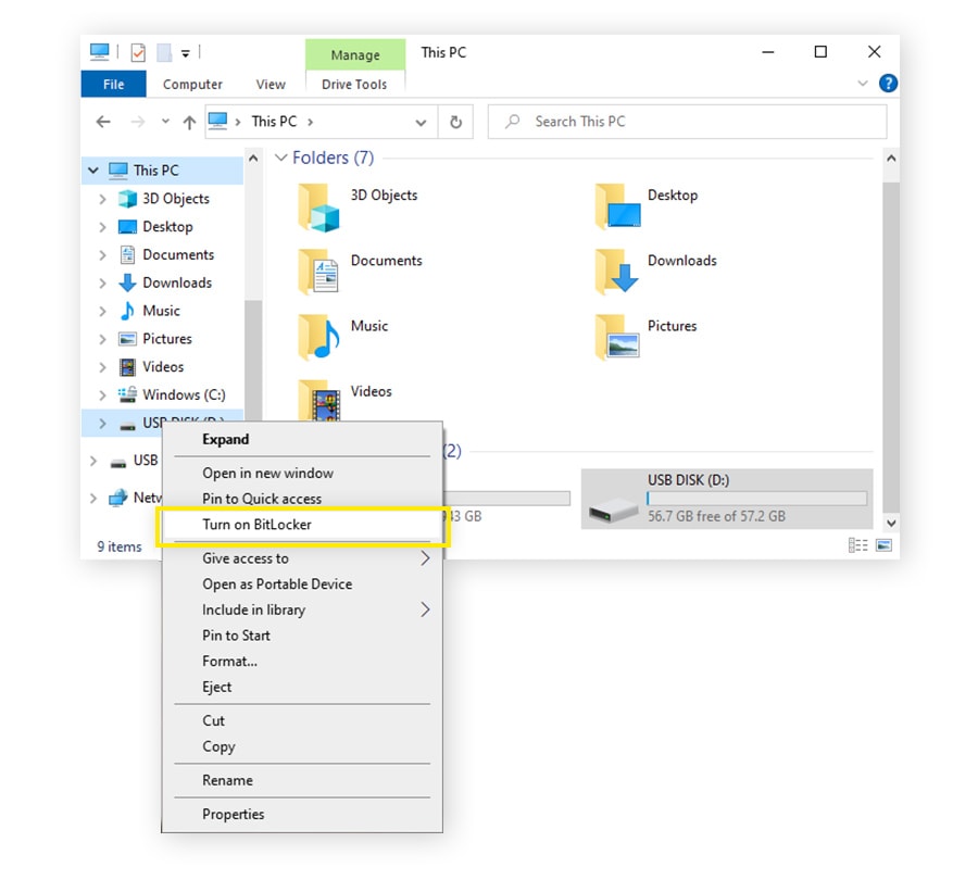 Right-click the USB in File Explorer and choose Turn on BitLocker to start the encryption 