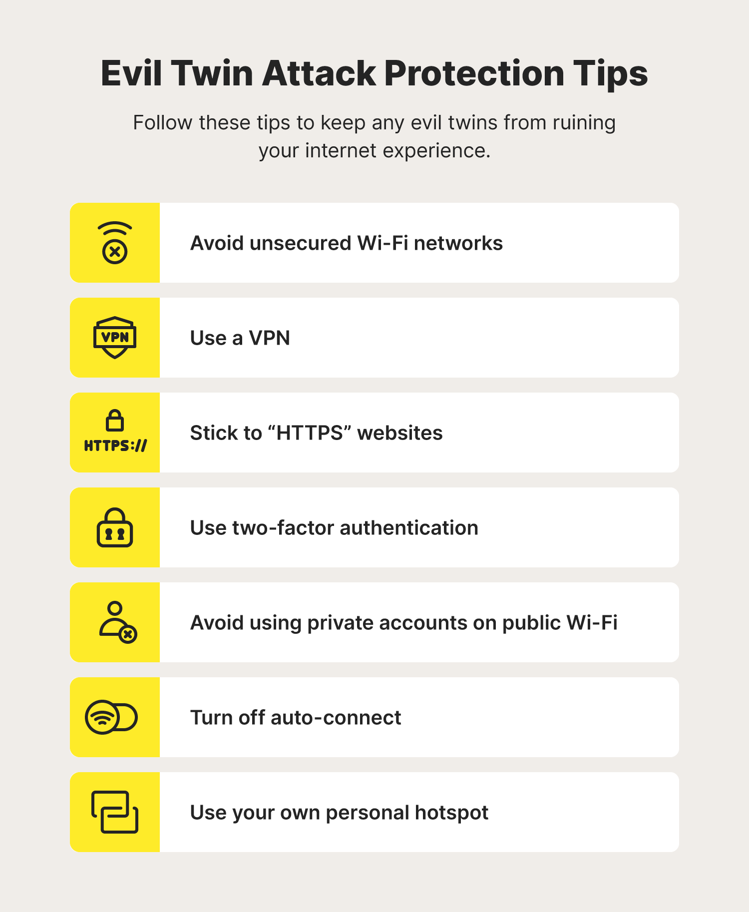 A graphic highlights protection tips to help avoid an evil twin attack.