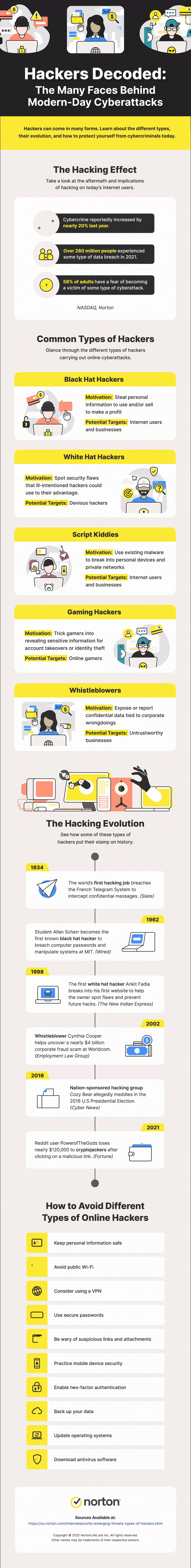 An infographic all about hackers, including who they are, how they damage systems, and the impact they have on individuals, companies, and society at large. 