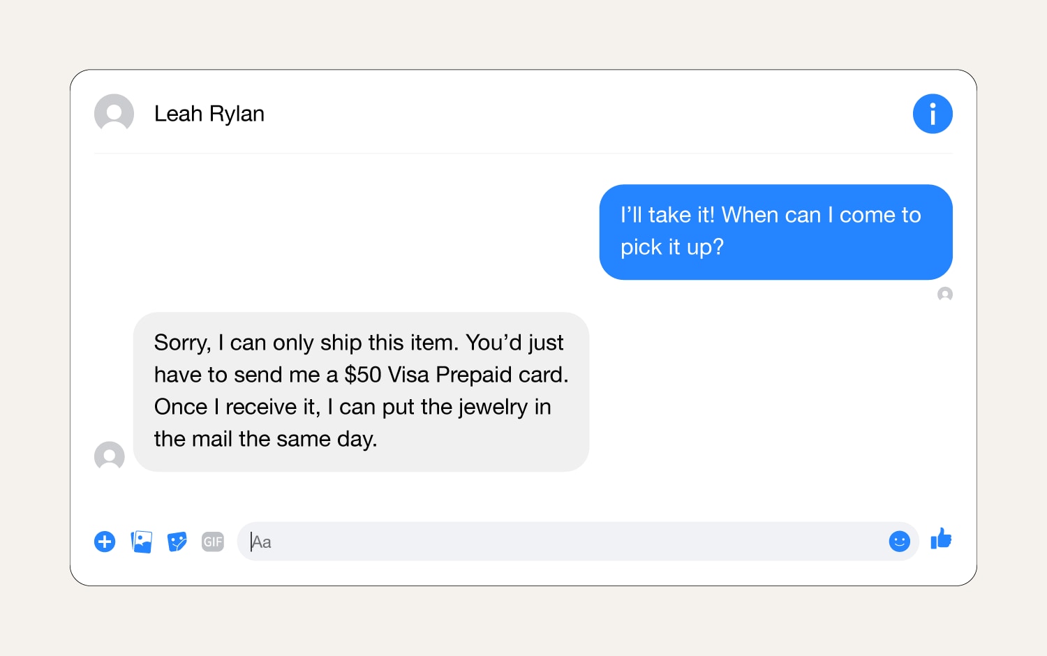 A screenshot showing a gift card scam message on Facebook Marketplace.