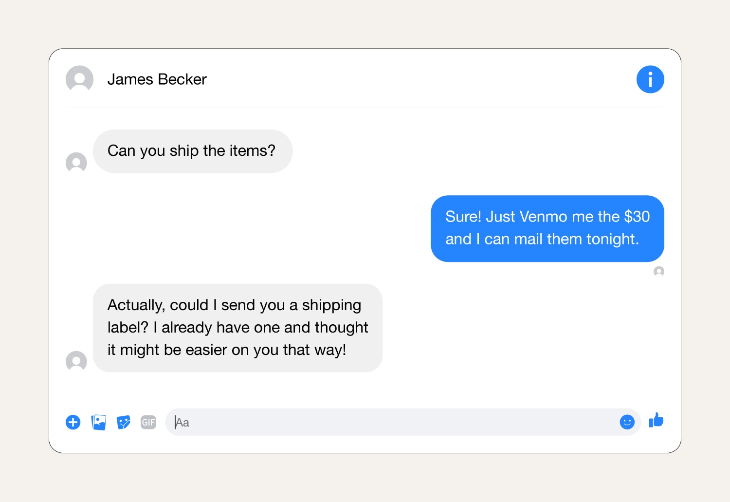 A screenshot showing a shipping scam message on Facebook Marketplace.