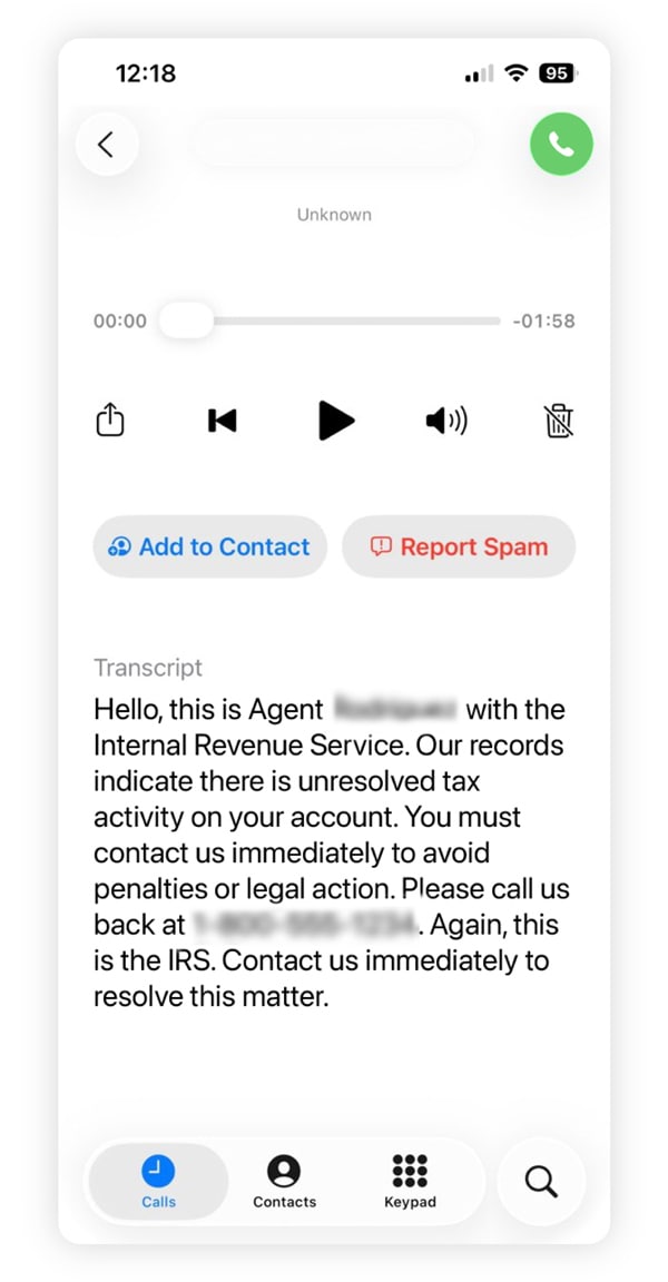 Screenshot mockup of how a fake IRS scam may appear on your phone.