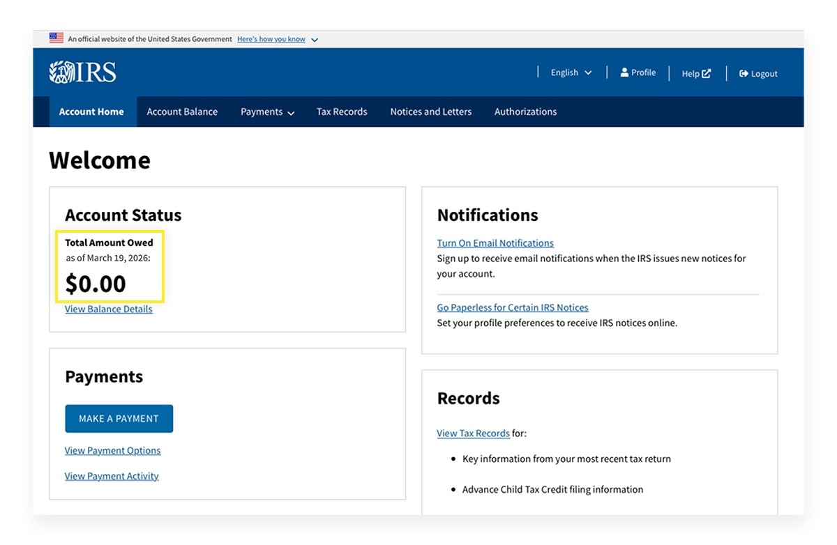 Screenshot of an account on the official IRS website.