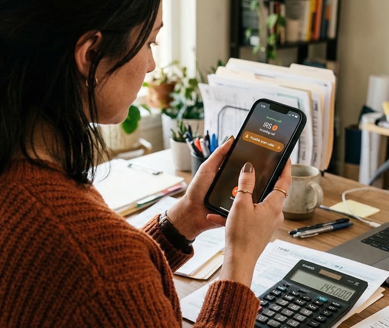 A woman receiving a call from a scammer posing as an IRS agent.