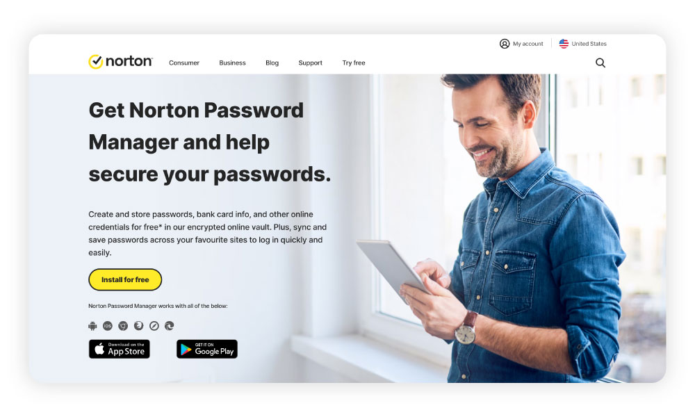 Screenshot of the Norton Password Manager homepage featuring a man using a password manager on an iPad.