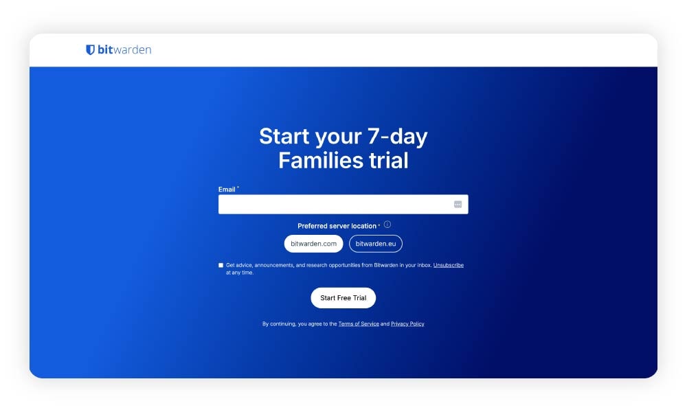 Screenshot of the Bitwarden Families homepage.