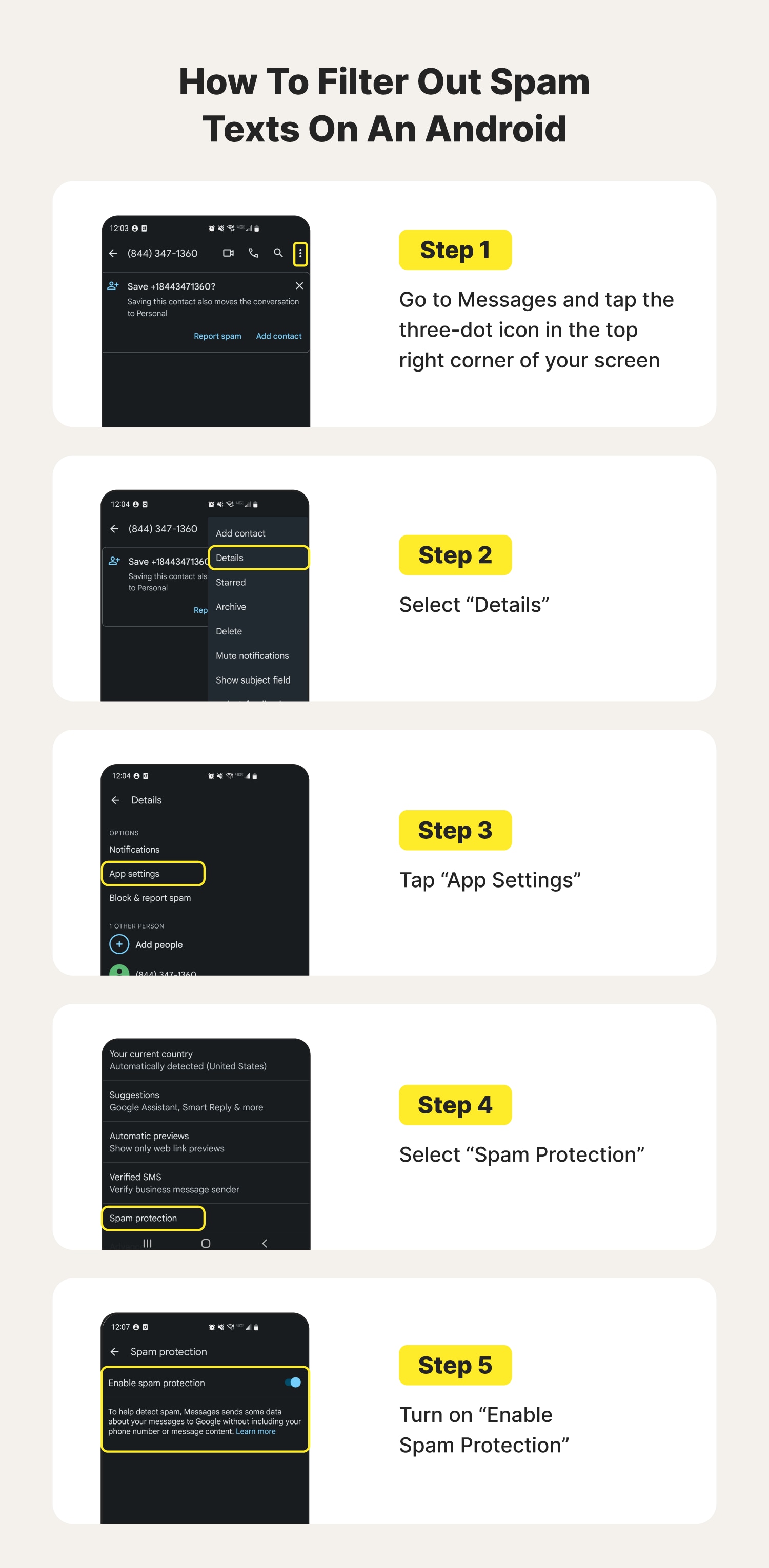 A graphic explains how to stop spam texts on an AndroidAndrioid by using spam filters. 