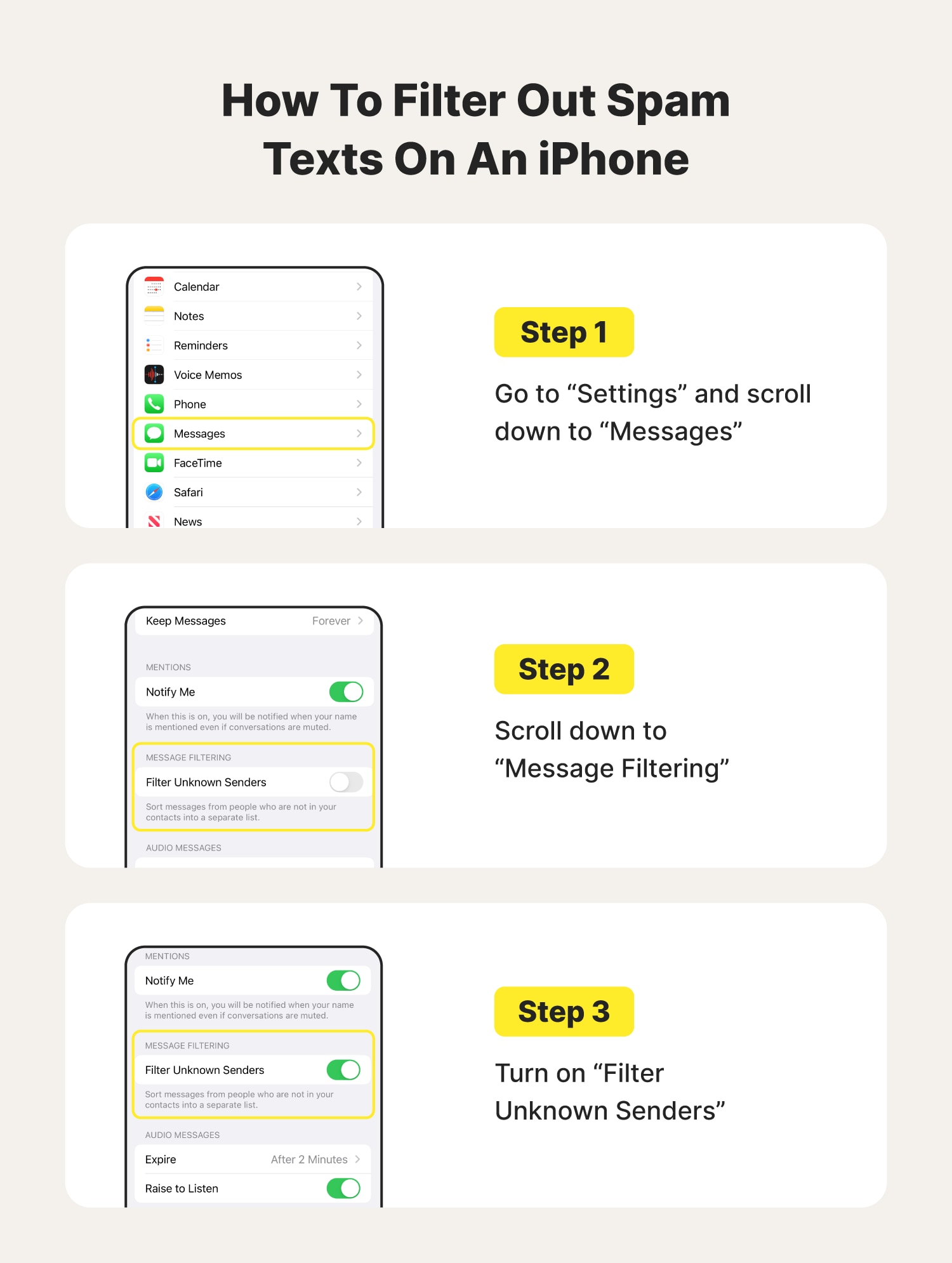 A graphic explains how to stop spam texts on an iPhone by using spam filters. 