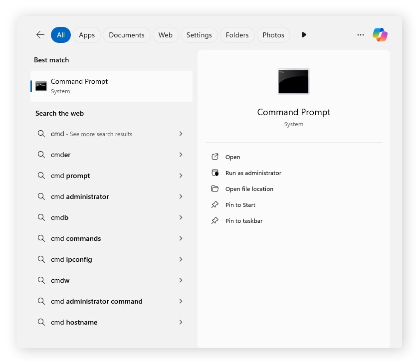 The Windows Start menu with the results of the search term 'cmd'.