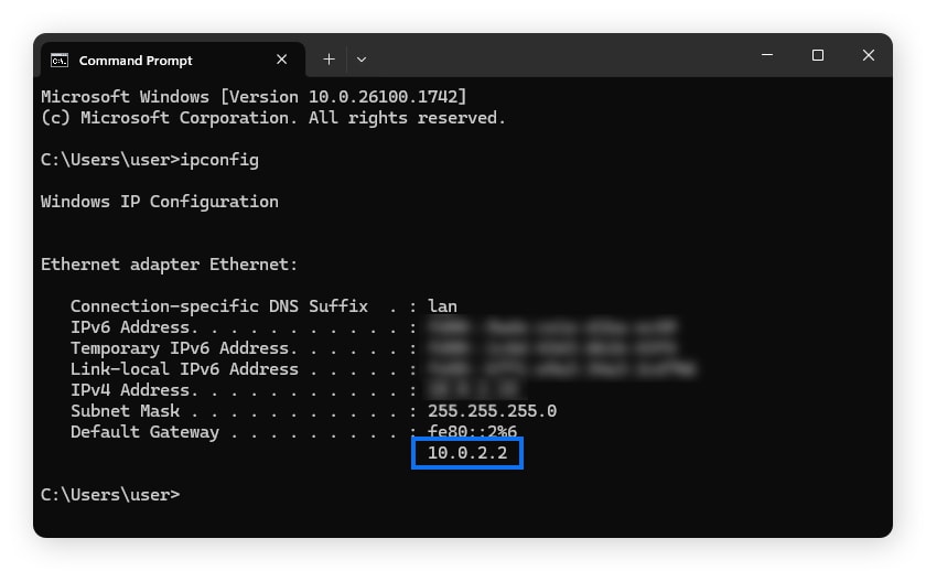 The output of the ipconfig command in Windows.