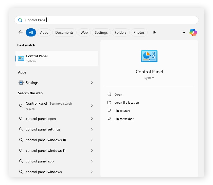 The Windows Start menu with the results of the search term 'Control Panel'.