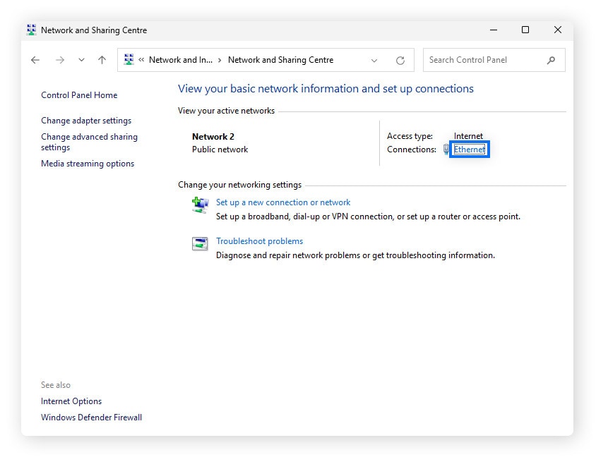 The Windows Network and Sharing Centre window.