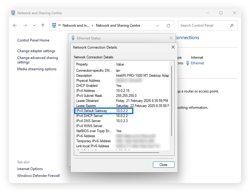 A window showing the details of an Ethernet connection in Windows.