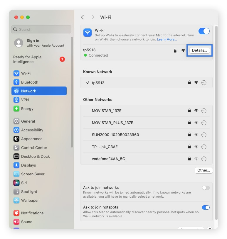 To find your router IP address on Mac, click Details next to your connected network.