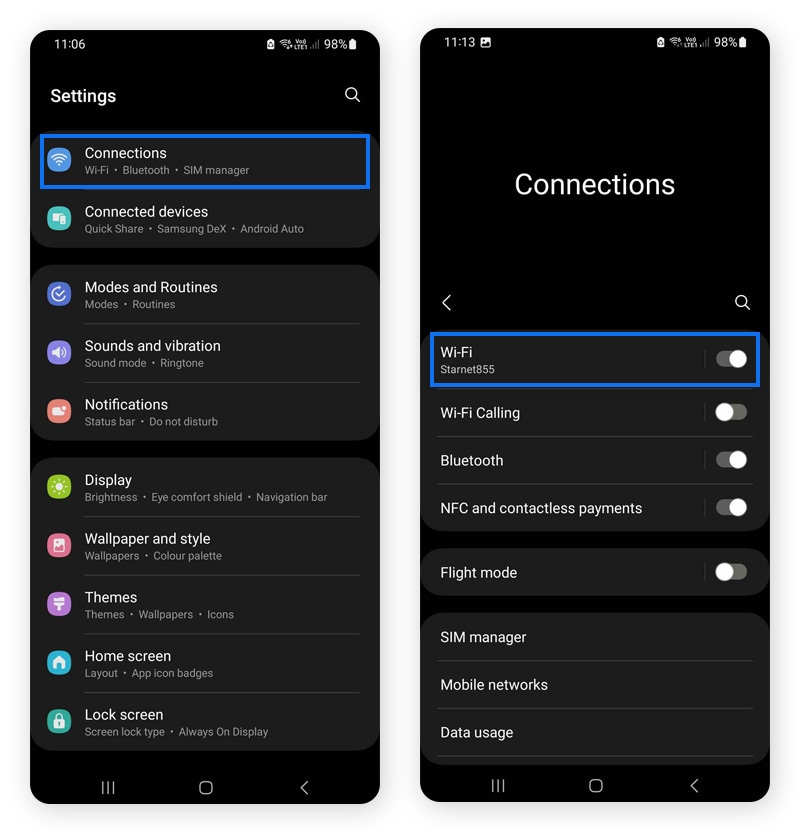 Connection settings menus on an Android device.