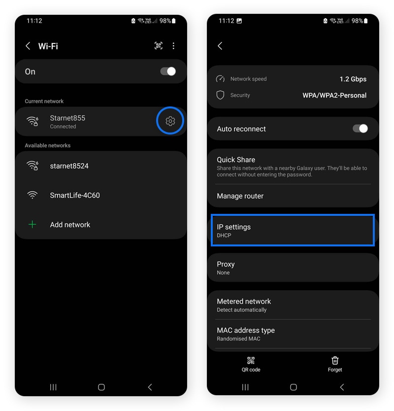 A Network configuration settings menu of an Android device.