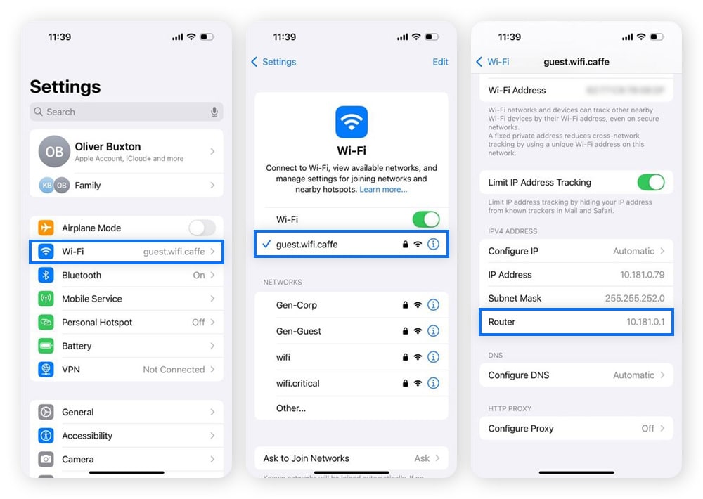 Finding a router IP address in Wi-Fi Settings on iOS.