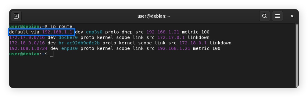 An image showing the output of the ip route command on a computer running Linux.
