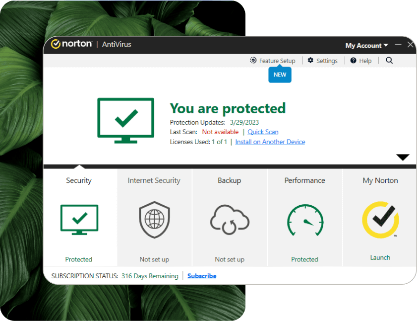 A screenshot showing the Norton Antivirus Plus main dashboard UI.
