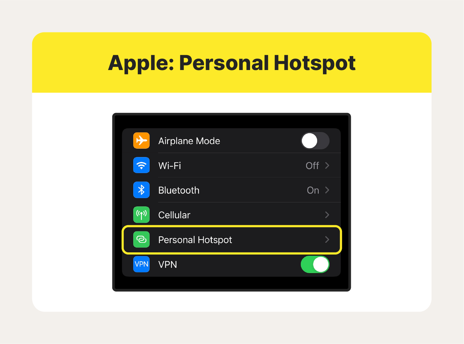 Screenshot showing Apple users where to find the mobile hotspot setting. 