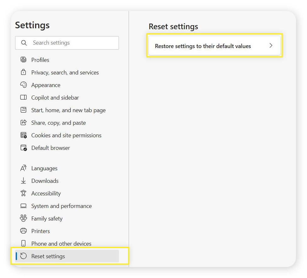 Resetting Microsoft Edge's settings to restore them to their default values.