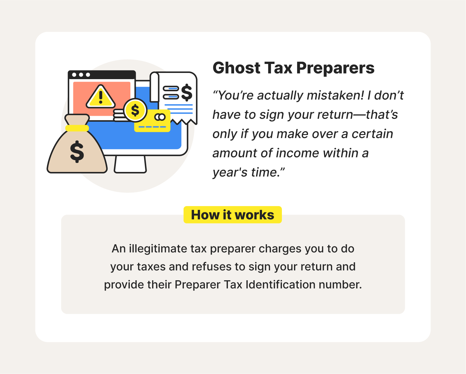 An illustration accompanies an explanation of how a ghost tax preparer scam works in order to show the true dangers of IRS scams.