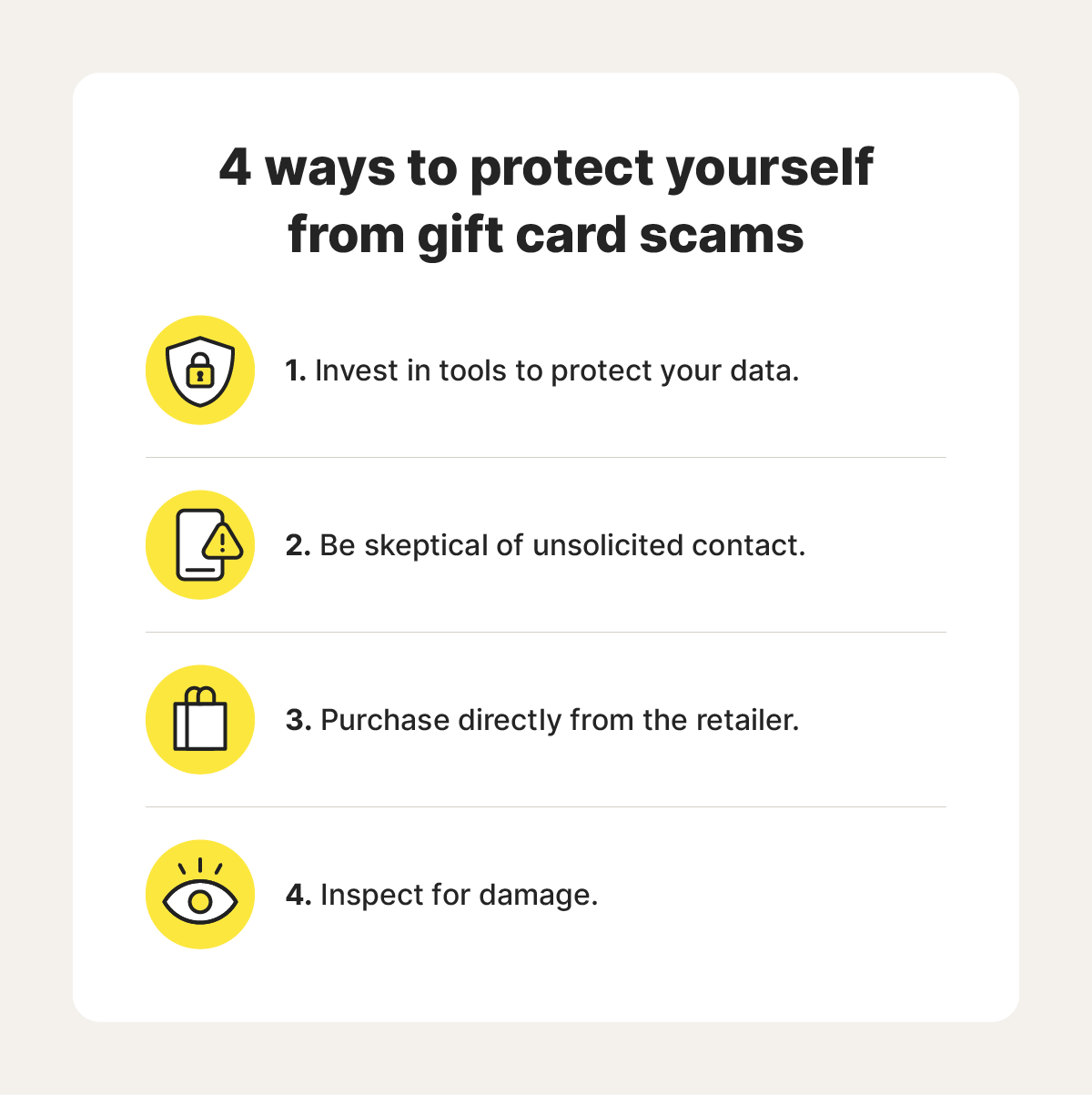 Graphic providing four tips for avoiding gift card scams.