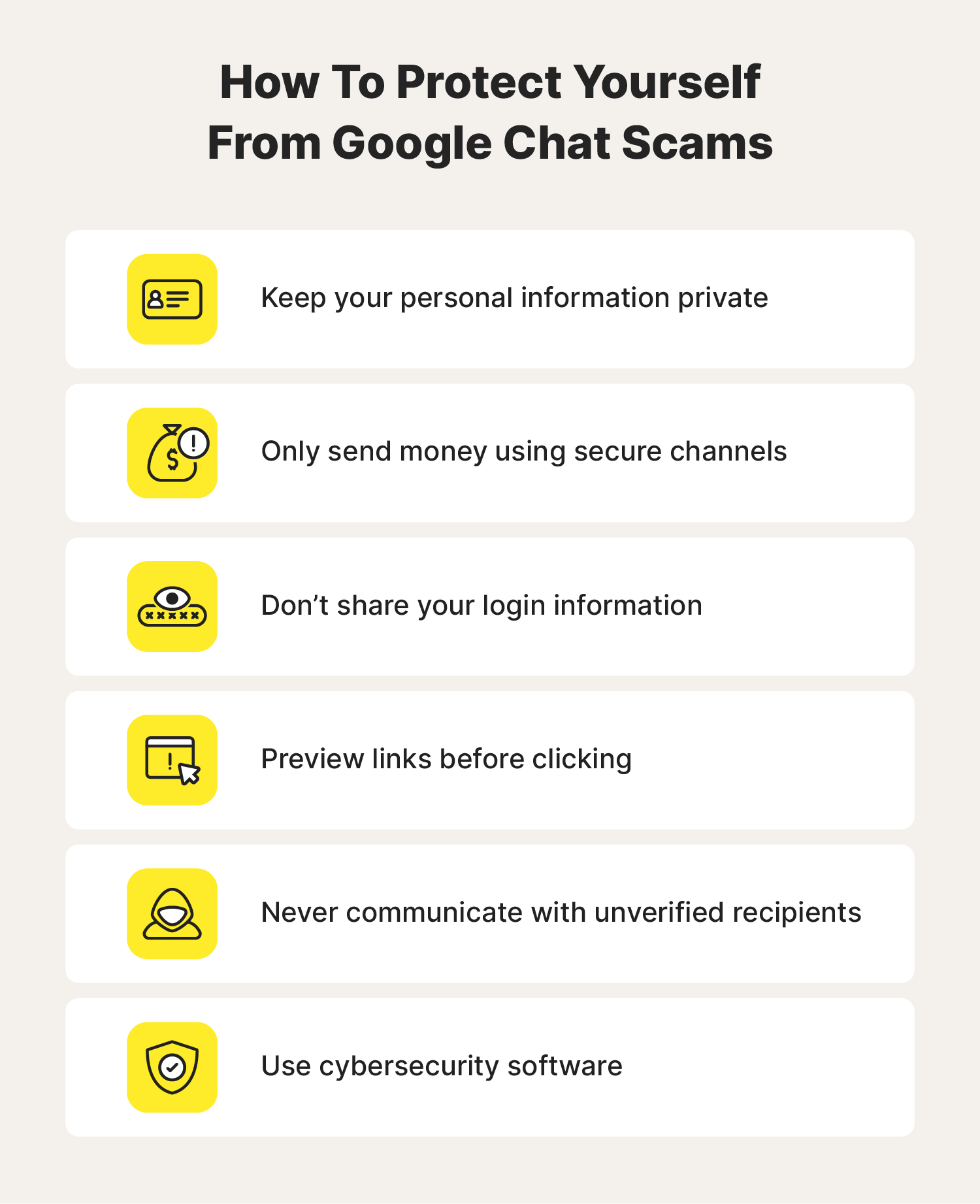 A list of six strategies you can use to protect yourself from Google Chat scams. 