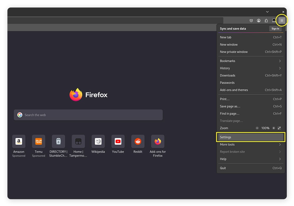 Opening Firefox settings to enable hardware acceleration.